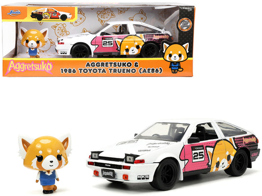 1986 Toyota Trueno (AE86) RHD (Right Hand Drive) #25 White with Graphics and Aggretsuko Diecast Figure "Aggretsuko" "Anime Hollywood Rides" Series 1/24 Diecast Model Car by Jada LuxuryLifeWay Online Store