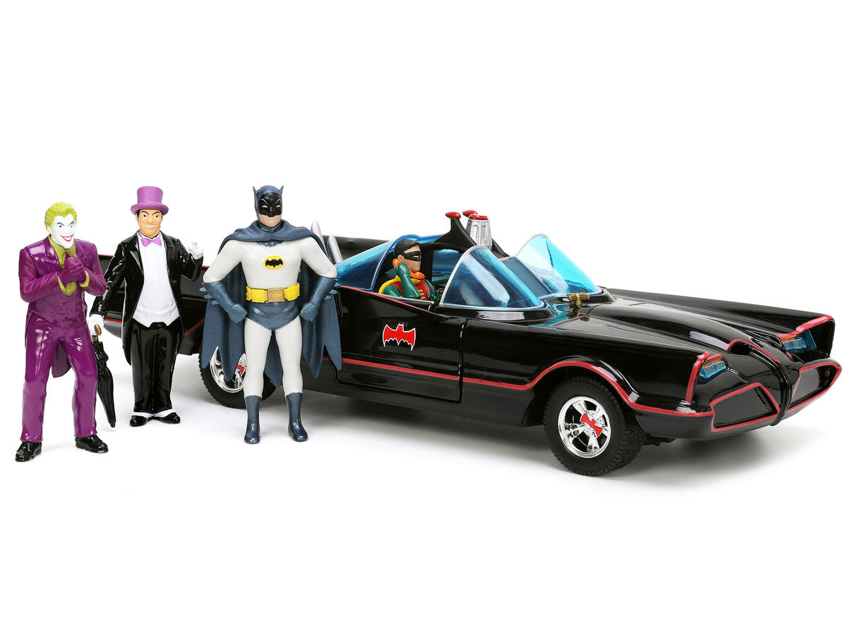 1966 Classic Batmobile with Diecast Batman The Joker The Penguin and Plastic Robin Sitting Inside The Car "Batman" TV Series (1966) "Hollywood Rides" Series 1/24 Diecast Model Car by Jada LuxuryLifeWay Online Store