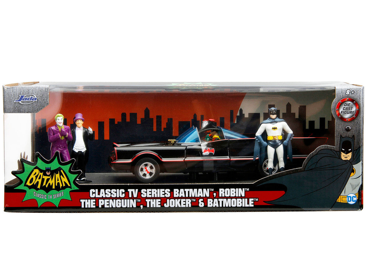 1966 Classic Batmobile with Diecast Batman The Joker The Penguin and Plastic Robin Sitting Inside The Car "Batman" TV Series (1966) "Hollywood Rides" Series 1/24 Diecast Model Car by Jada LuxuryLifeWay Online Store