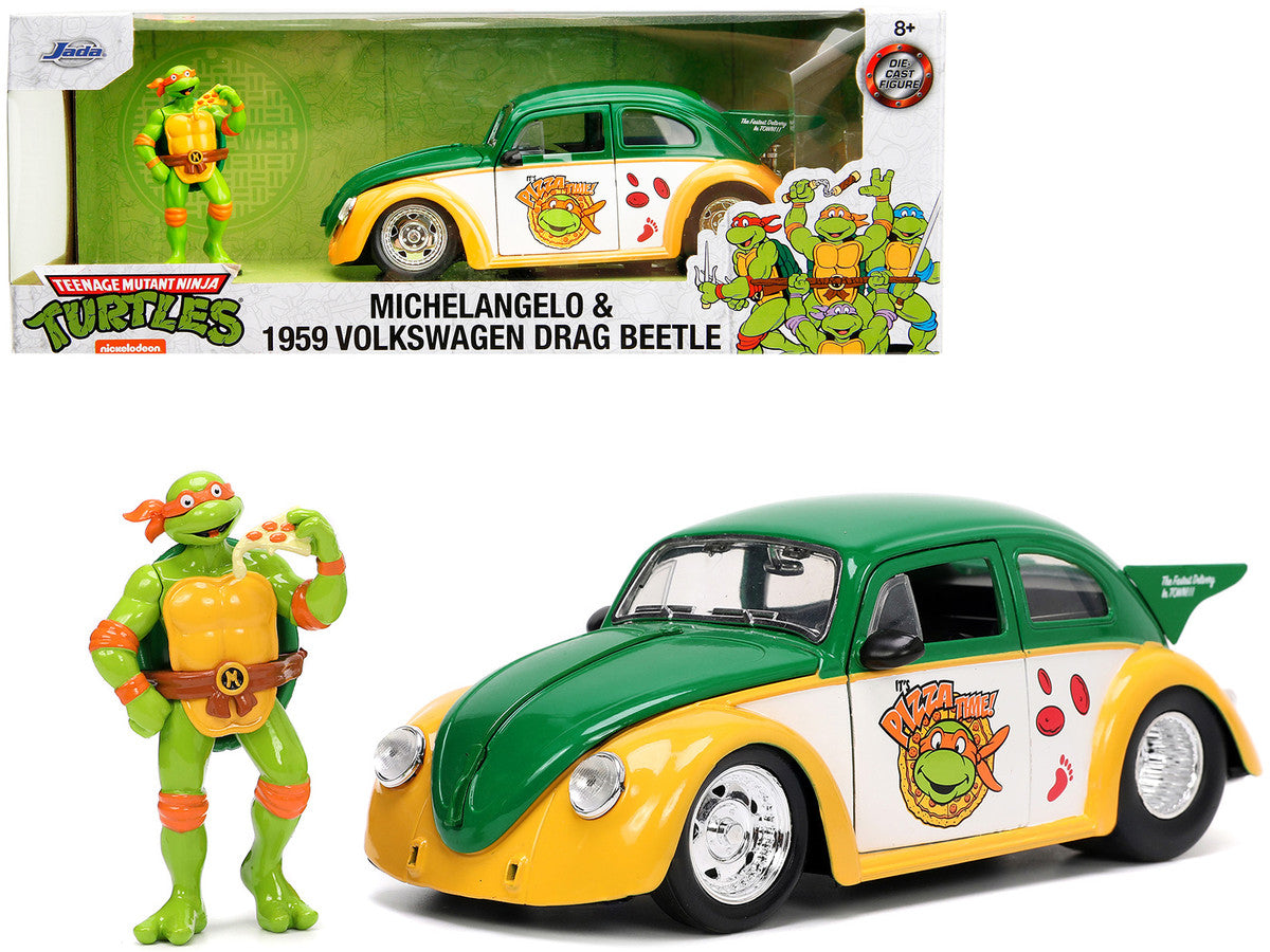 1959 Volkswagen Drag Beetle Green and Yellow and Michelangelo Diecast Figure "Teenage Mutant Ninja Turtles" "Hollywood Rides" Series 1/24 Diecast Model Car by Jada LuxuryLifeWay Online Store