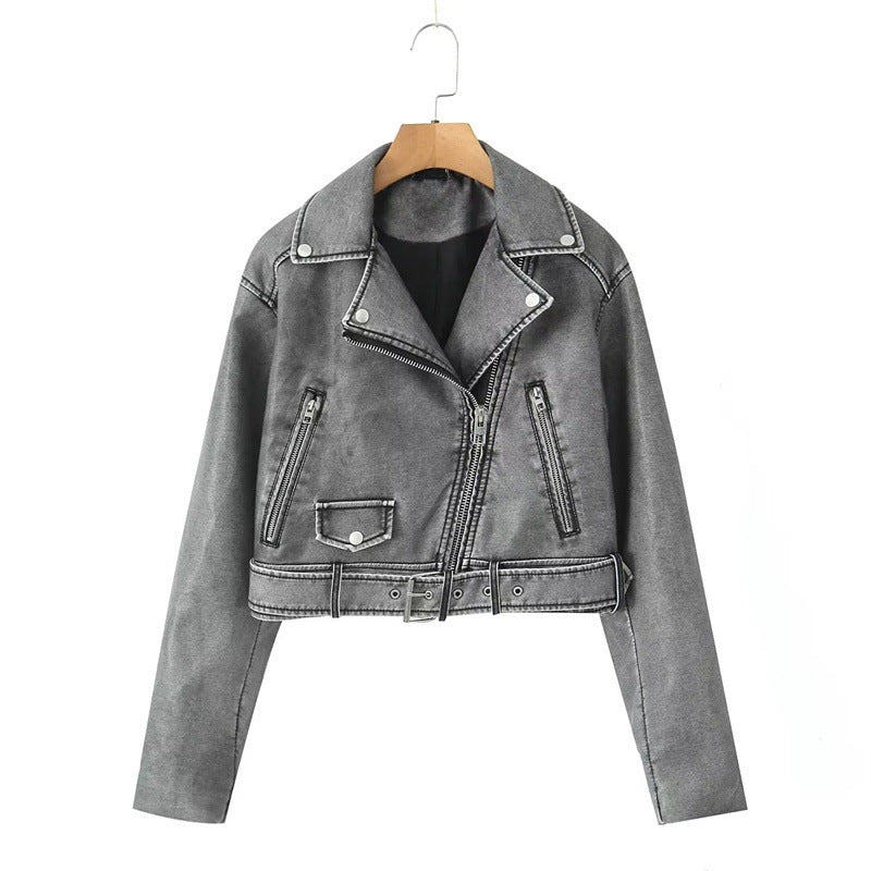 Women's Washed Leather Worn Motorcycle Leisure Jacket Leather Coat LadyShow.Store