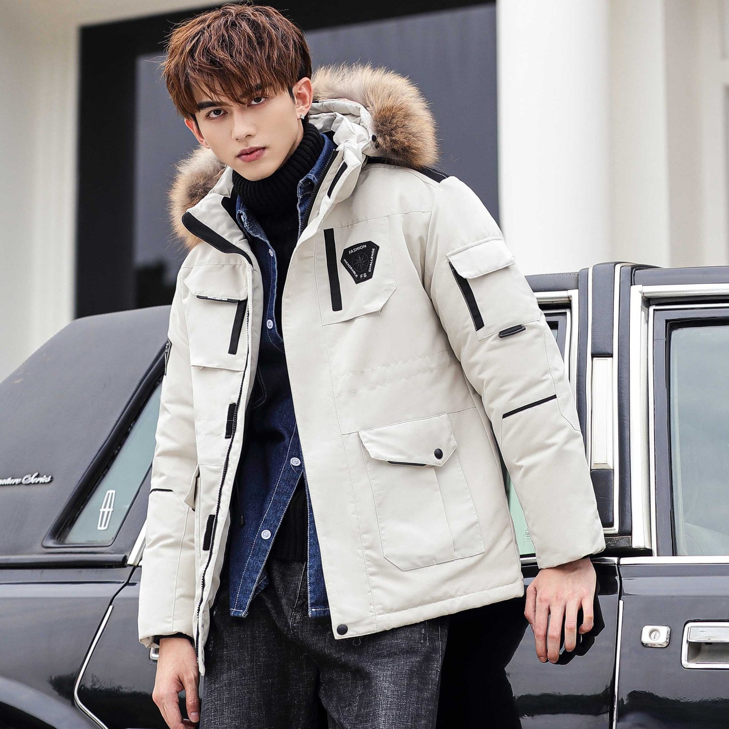 Men's Thick Hooded Fur Collar Detachable Jacket