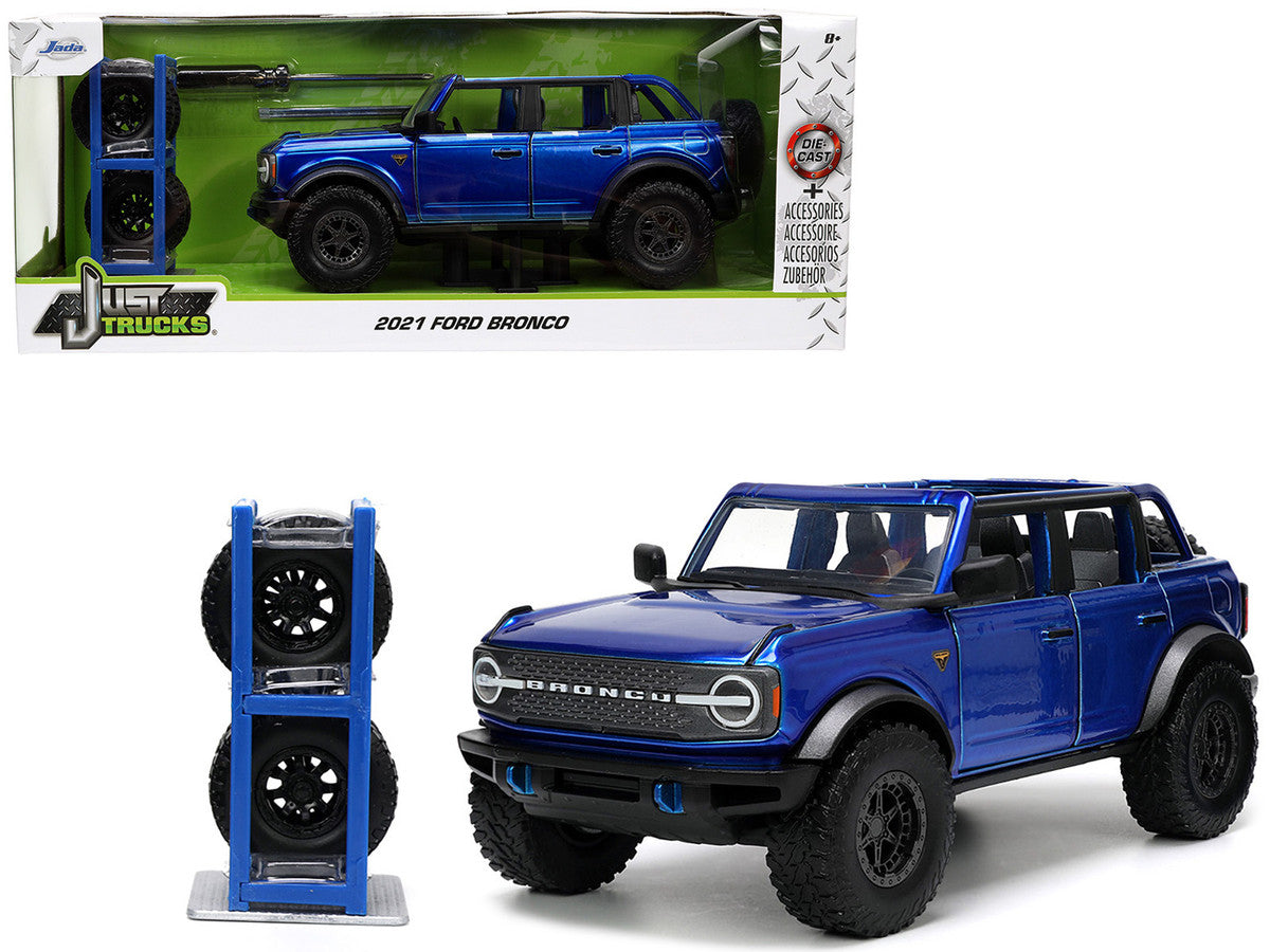 2021 Ford Bronco Open-Top Candy Blue Metallic with Extra Wheels "Just Trucks" Series 1/24 Diecast Model Car by Jada LuxuryLifeWay Online Store