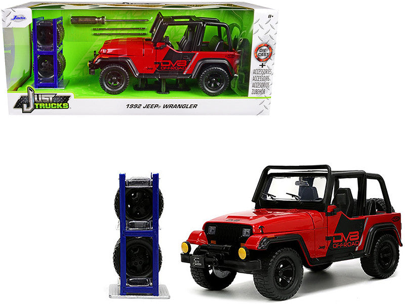 1992 Jeep Wrangler DV8 Off-Road Red with Matt Black Stripes with Extra Wheels "Just Trucks" Series 1/24 Diecast Model Car by Jada LuxuryLifeWay Online Store