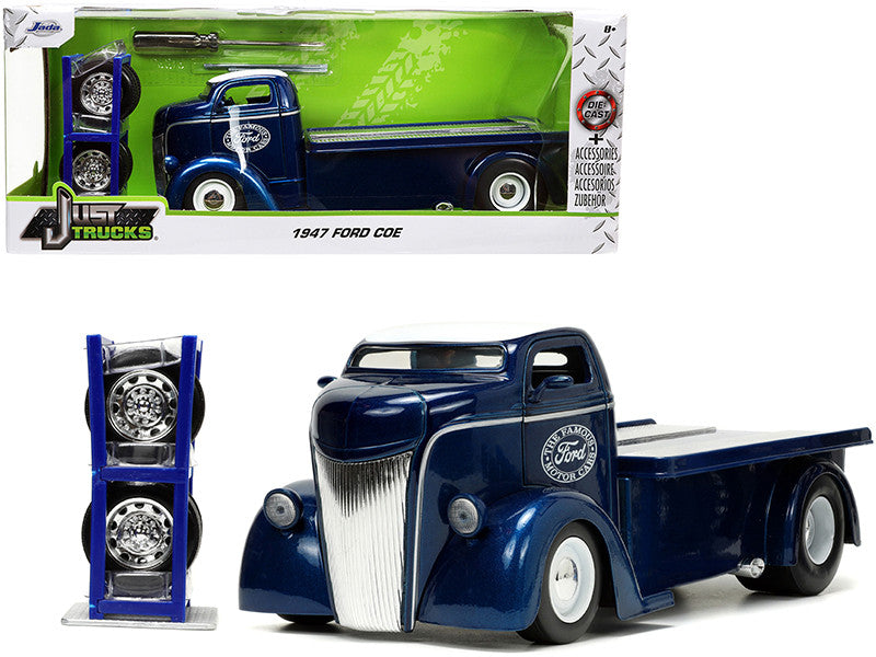 1947 Ford COE Flatbed Truck Dark Blue Metallic with White Top "The Famous Motor Cars" with Extra Wheels "Just Trucks" Series 1/24 Diecast Model by Jada LuxuryLifeWay Online Store