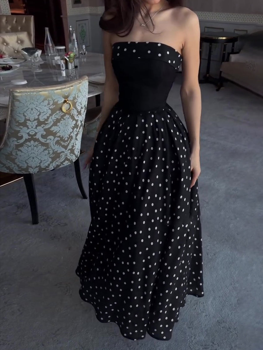 Black Strapless Polka Dot Full Skirt Maxi Dress NorixaFashion.com