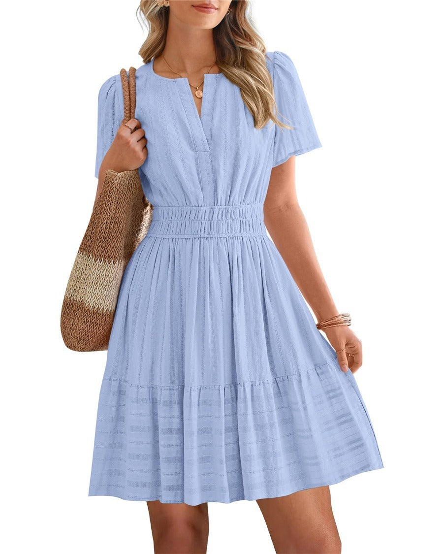 2026 Hot Sale Spring Summer Women's Solid Color V Neck Ruched Puff Sleeve Short Dress NorixaFashion.com
