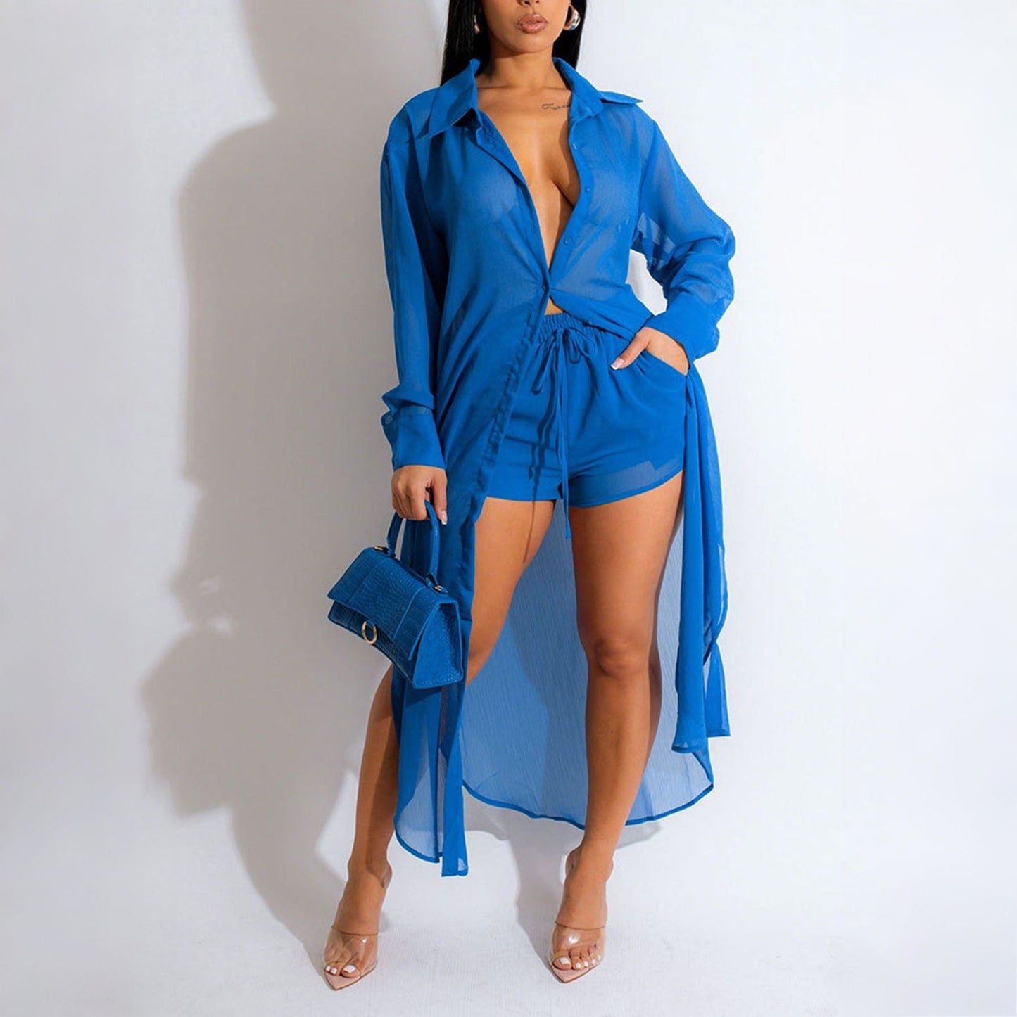 Sheer Long-sleeve Cardigan Buttoned Side-split Blouse And Shorts Set NorixaFashion.com