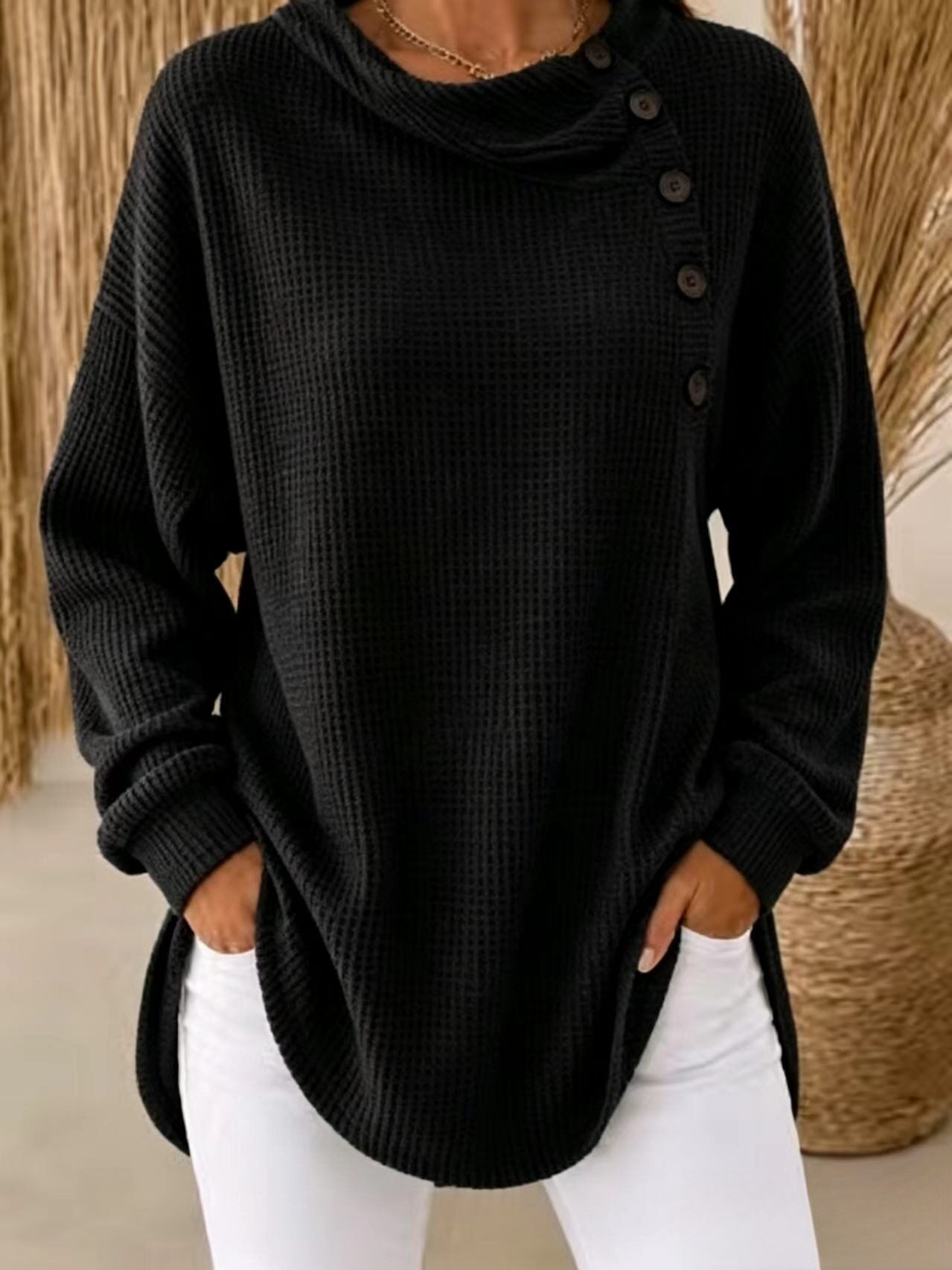 Womens Solid-Color Waffle-Weave Long-Sleeve Button-Up Casual Shirt Comfortable Top NorixaFashion.com