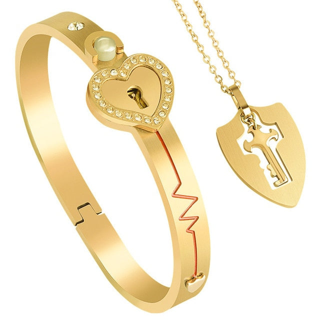 Stainless Steel Love Heart Lock Bangle Bracelet Pi-Mart