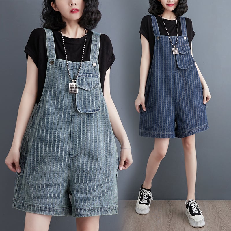 "Summer Women's Large Vertical Stripe Denim Strap Shorts" Pi-Mart