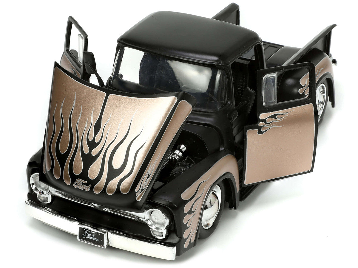 1956 Ford F-100 Pickup Truck Matt Black and Champagne with Flames with Extra Wheels "Just Trucks" Series 1/24 Diecast Model Car by Jada LuxuryLifeWay Online Store