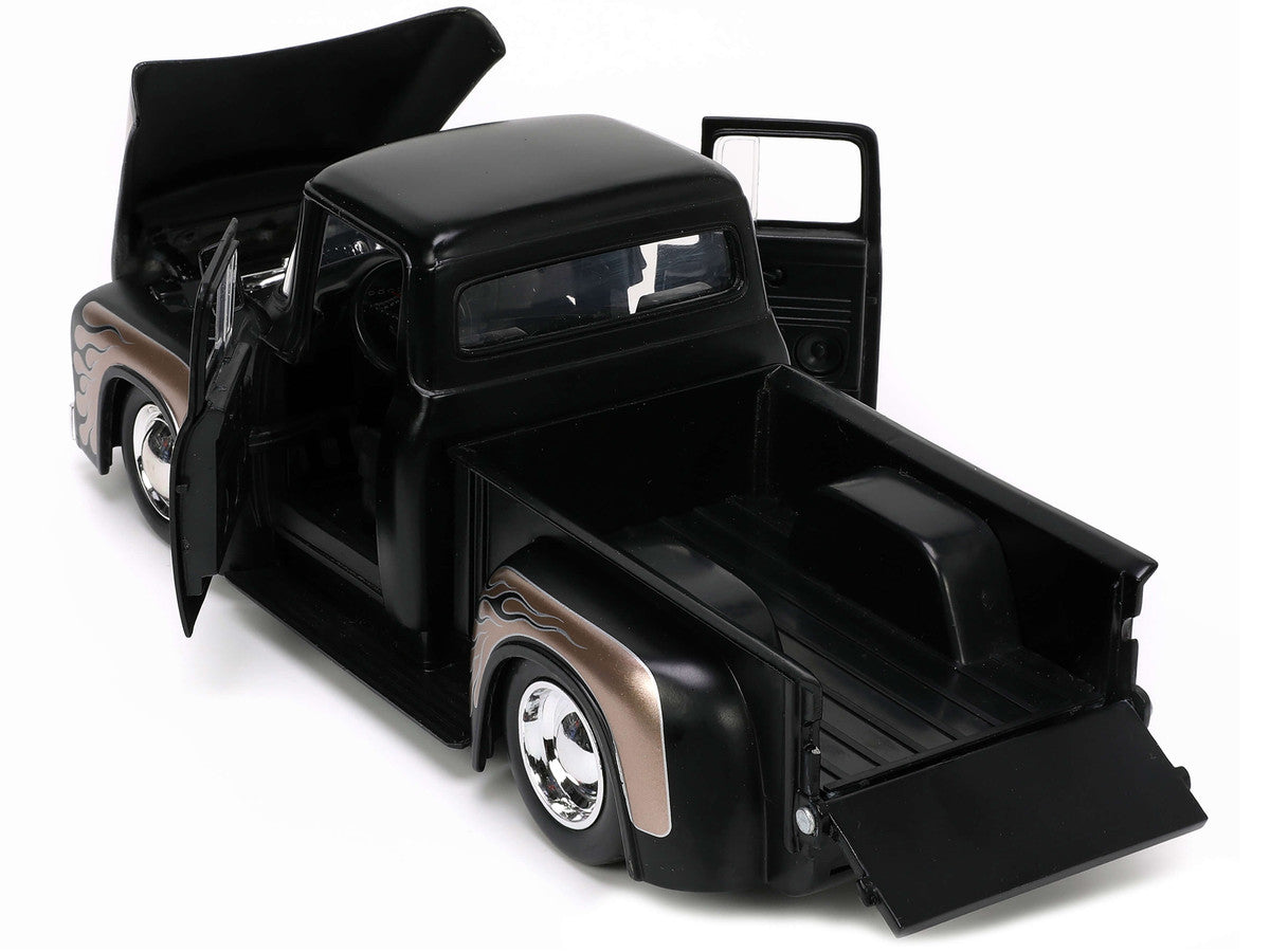 1956 Ford F-100 Pickup Truck Matt Black and Champagne with Flames with Extra Wheels "Just Trucks" Series 1/24 Diecast Model Car by Jada LuxuryLifeWay Online Store