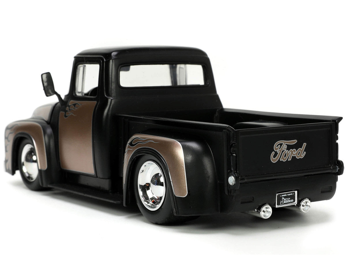 1956 Ford F-100 Pickup Truck Matt Black and Champagne with Flames with Extra Wheels "Just Trucks" Series 1/24 Diecast Model Car by Jada LuxuryLifeWay Online Store