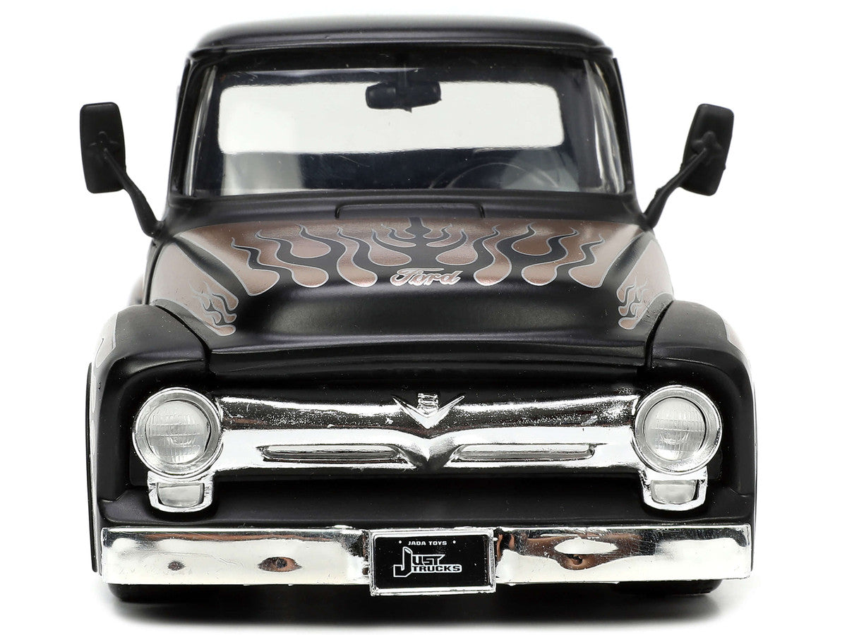 1956 Ford F-100 Pickup Truck Matt Black and Champagne with Flames with Extra Wheels "Just Trucks" Series 1/24 Diecast Model Car by Jada LuxuryLifeWay Online Store