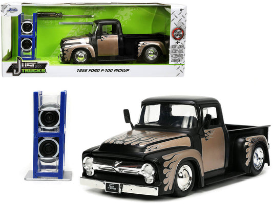 1956 Ford F-100 Pickup Truck Matt Black and Champagne with Flames with Extra Wheels "Just Trucks" Series 1/24 Diecast Model Car by Jada LuxuryLifeWay Online Store