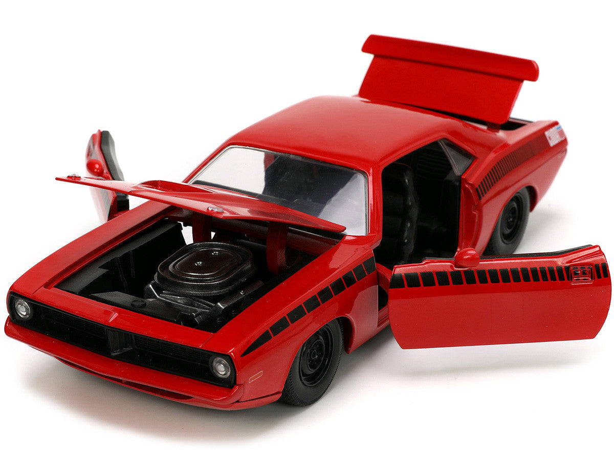 1973 Plymouth Barracuda Red with Black Stripes "Bigtime Muscle" Series 1/24 Diecast Model Car by Jada LuxuryLifeWay Online Store