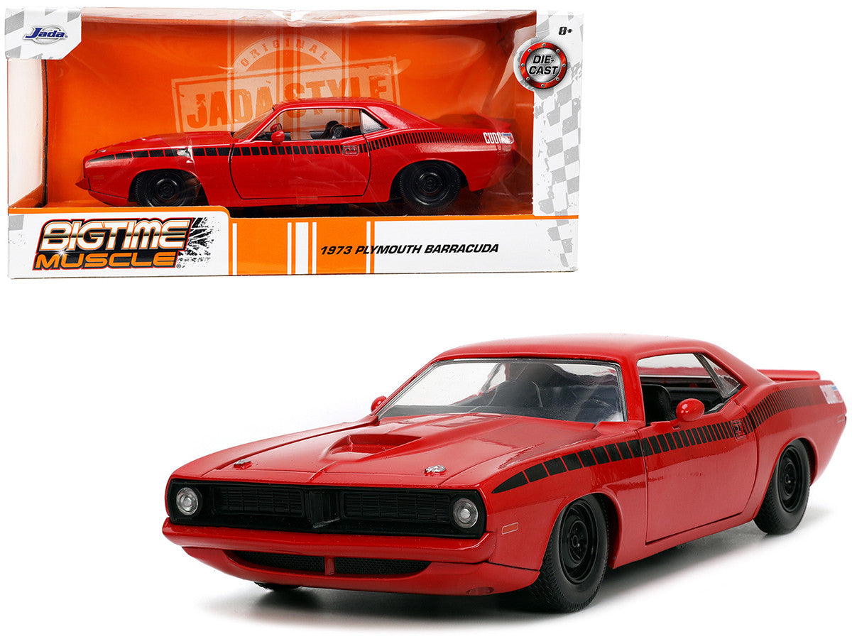1973 Plymouth Barracuda Red with Black Stripes "Bigtime Muscle" Series 1/24 Diecast Model Car by Jada LuxuryLifeWay Online Store