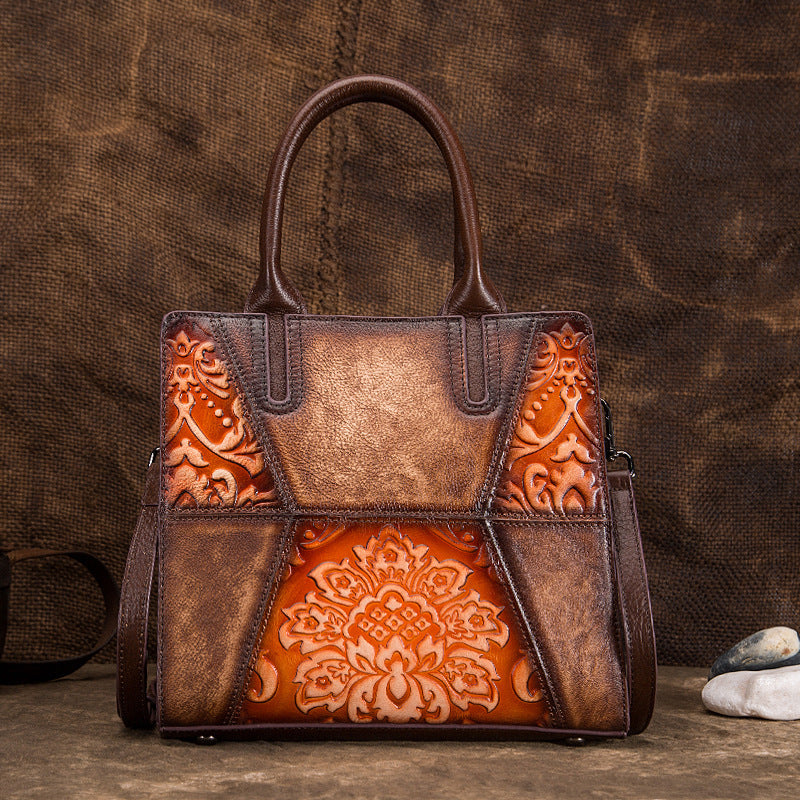 Vintage Tree Embossed Leather Handbag - First Layer Cowhide Retro Women's Purse with Floral Hand-Painting (25x23x11cm) LadyShow.Store