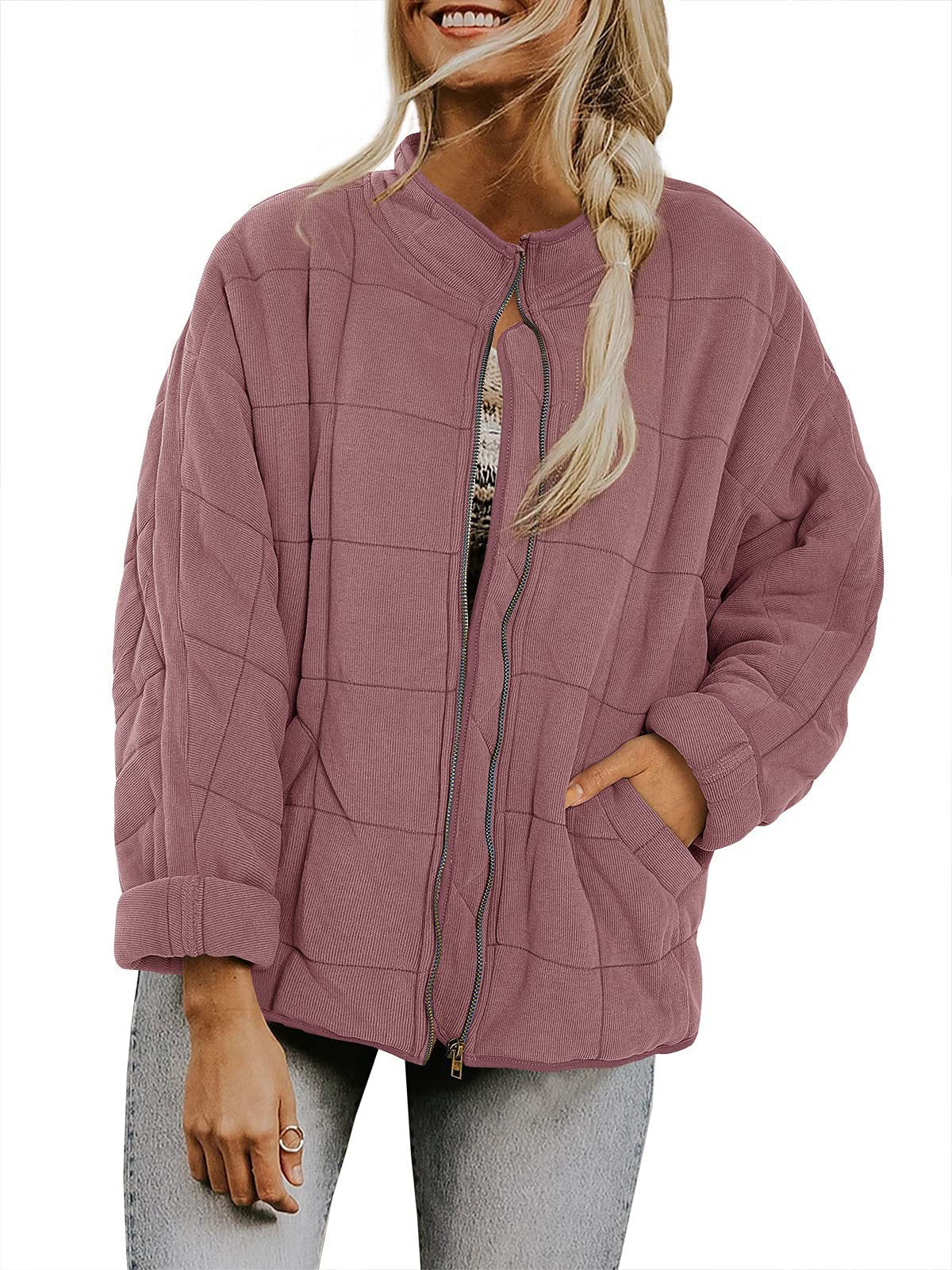 Winter Zip-up Stand Collar Coat With Pockets Fashion Solid Color Plaid Long Sleeved Jacket Women's Clothing LadyShow.Store