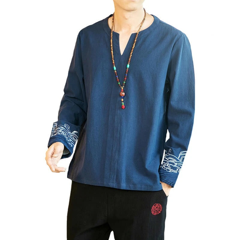 Men's Cotton Linen Embroidered Long Sleeve T-Shirt Pi-Mart