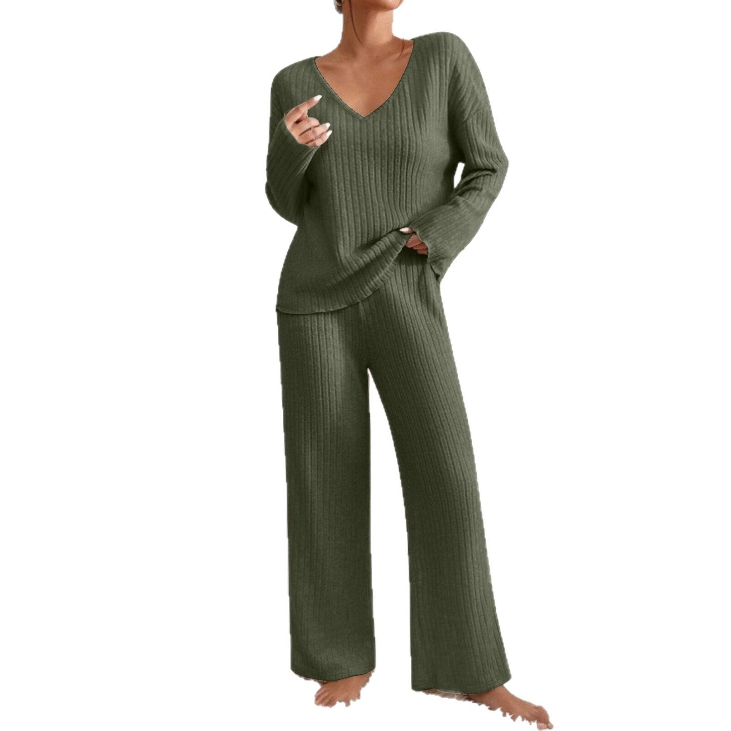 Long Sleeve V-neck Knitted Sunken Stripe Brushed Loose Leisure Suit LadyShow.Store