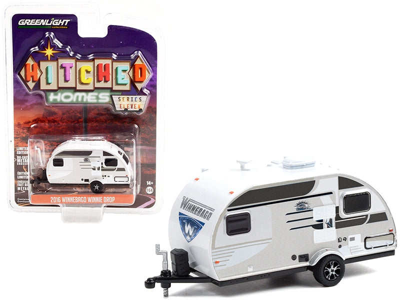 2016 Winnebago Winnie Drop Travel Trailer Platinum and White with Graphics "Hitched Homes" Series 11 1/64 Diecast Model by Greenlight LuxuryLifeWay Online Store