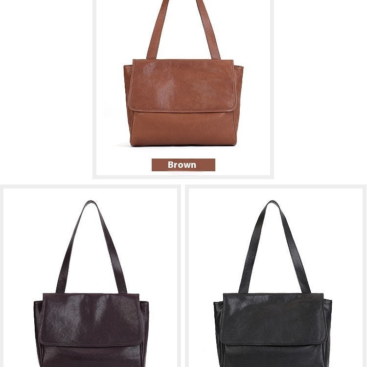 Solid Color Cowhide Tote Bag Simple Commute Shoulder Messenger Bag For Women LadyShow.Store