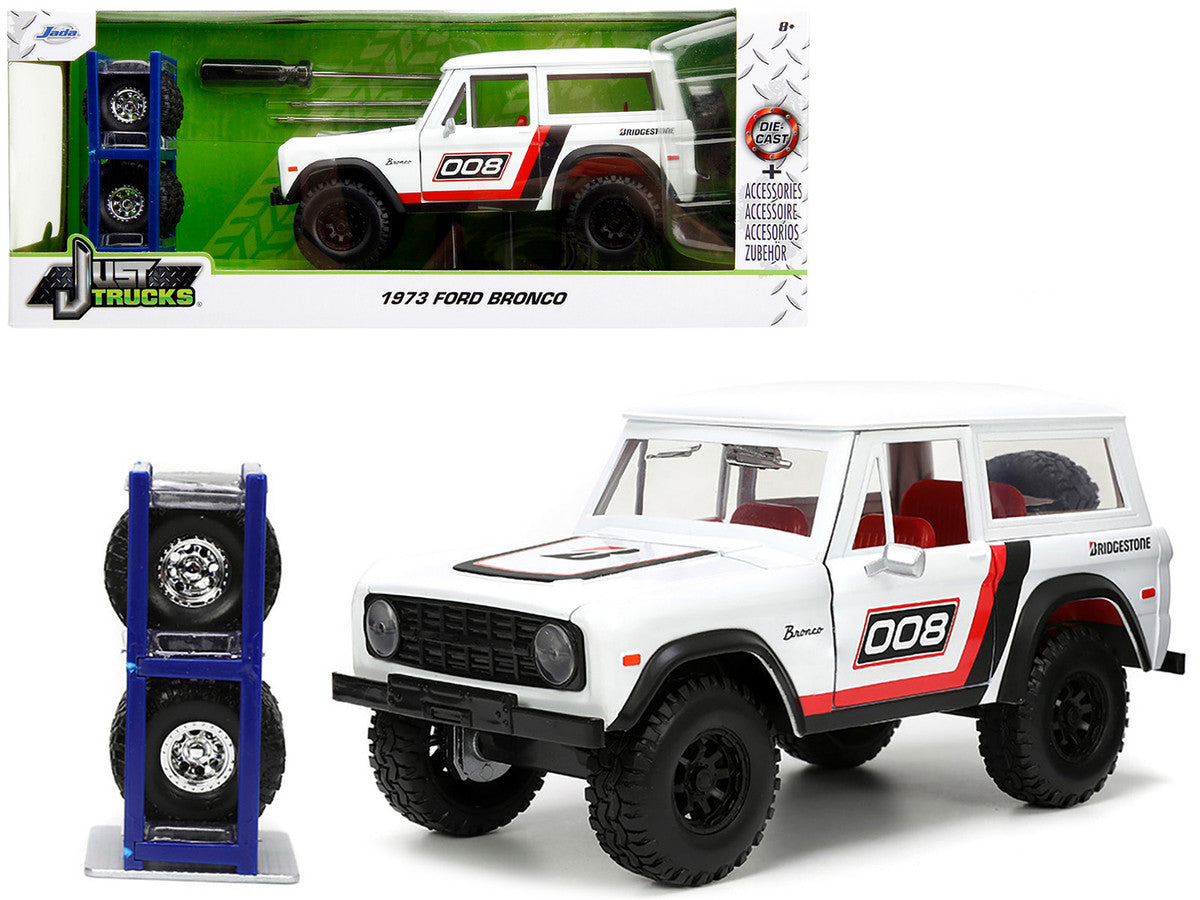 1973 Ford Bronco #008 White with Red and Black Stripes and Red Interior with Extra Wheels "Just Trucks" Series 1/24 Diecast Model Car by Jada LuxuryLifeWay Online Store