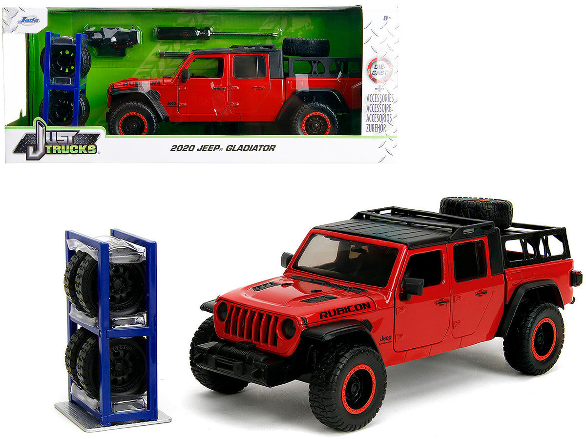 2020 Jeep Gladiator Rubicon Pickup Truck Red with Black Top and Extra Wheels "Just Trucks" Series 1/24 Diecast Model Car by Jada LuxuryLifeWay Online Store