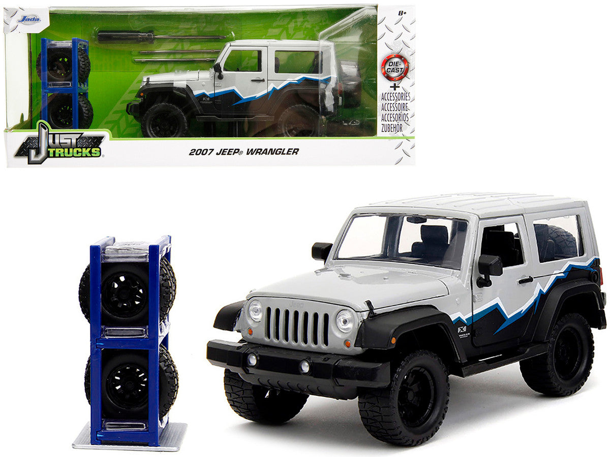 2007 Jeep Wrangler Gray and Black with Blue and White Stripes with Extra Wheels "Just Trucks" Series 1/24 Diecast Model Car by Jada LuxuryLifeWay Online Store
