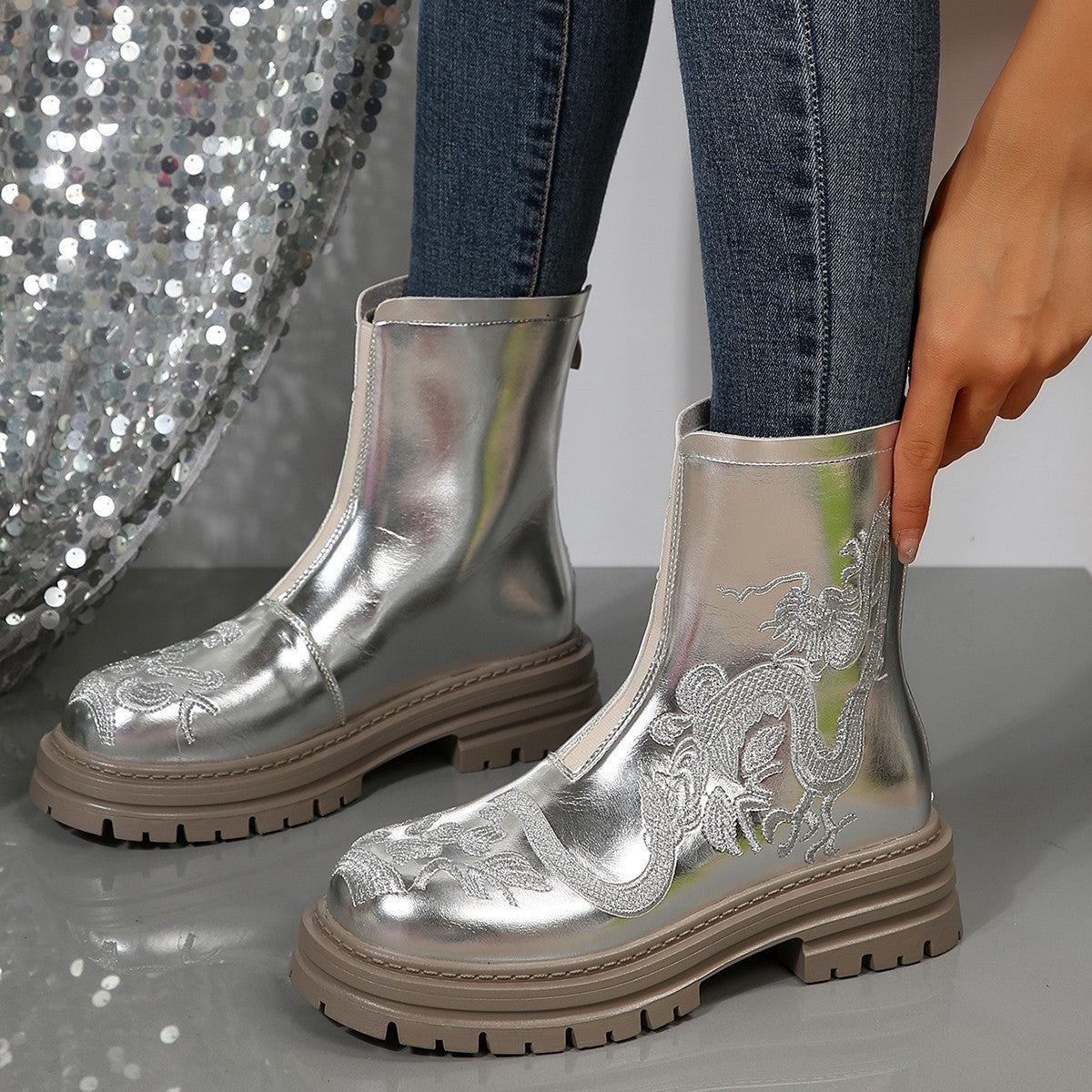 Women's Embroidered Mid-calf Round Martin Boots LadyShow.Store