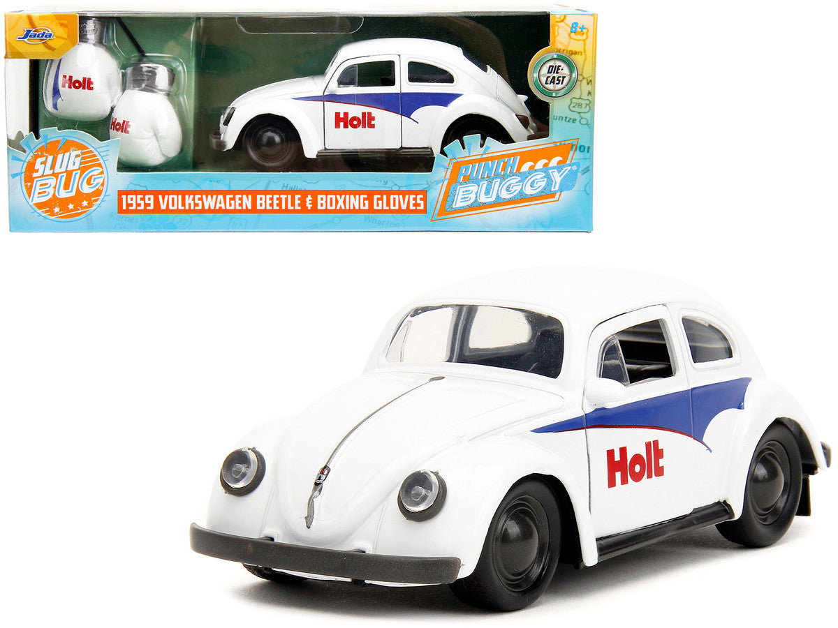 1959 Volkswagen Beetle "Holt" White with Blue Graphics and Boxing Gloves Accessory "Punch Buggy" Series 1/32 Diecast Model Car by Jada LuxuryLifeWay Online Store
