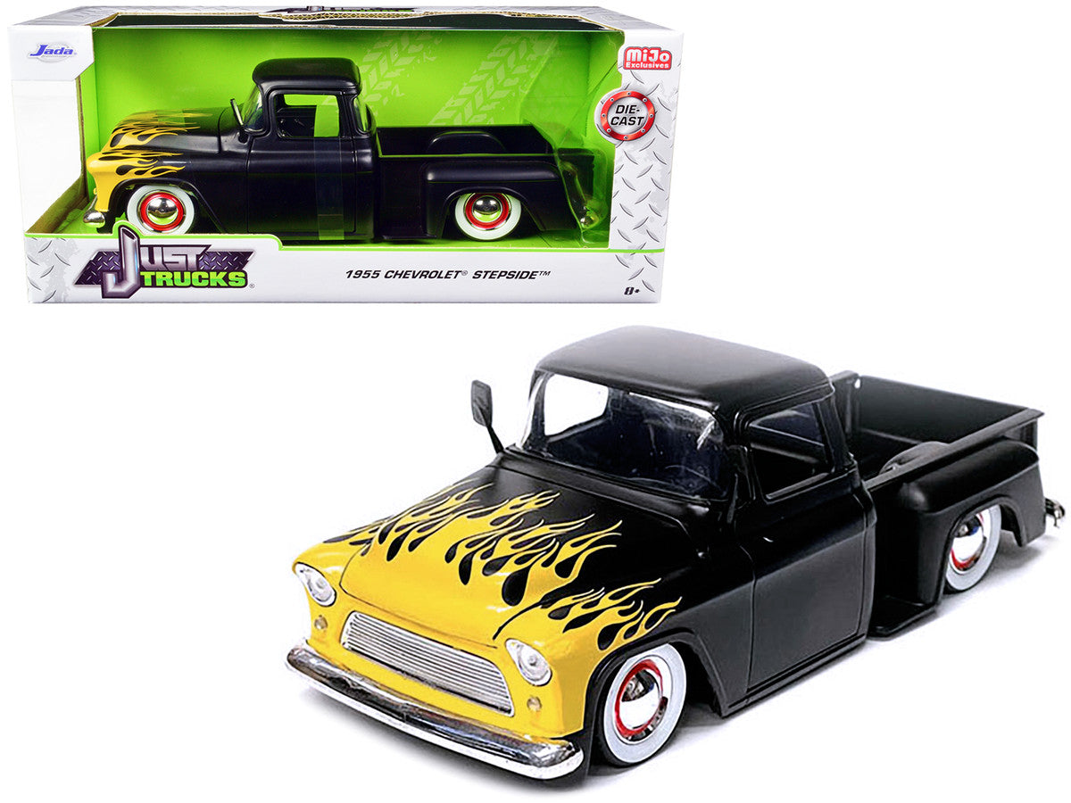 1955 Chevrolet Stepside Pickup Truck Matt Black with Yellow Flames "Just Trucks" Series 1/24 Diecast Model Car by Jada LuxuryLifeWay Online Store
