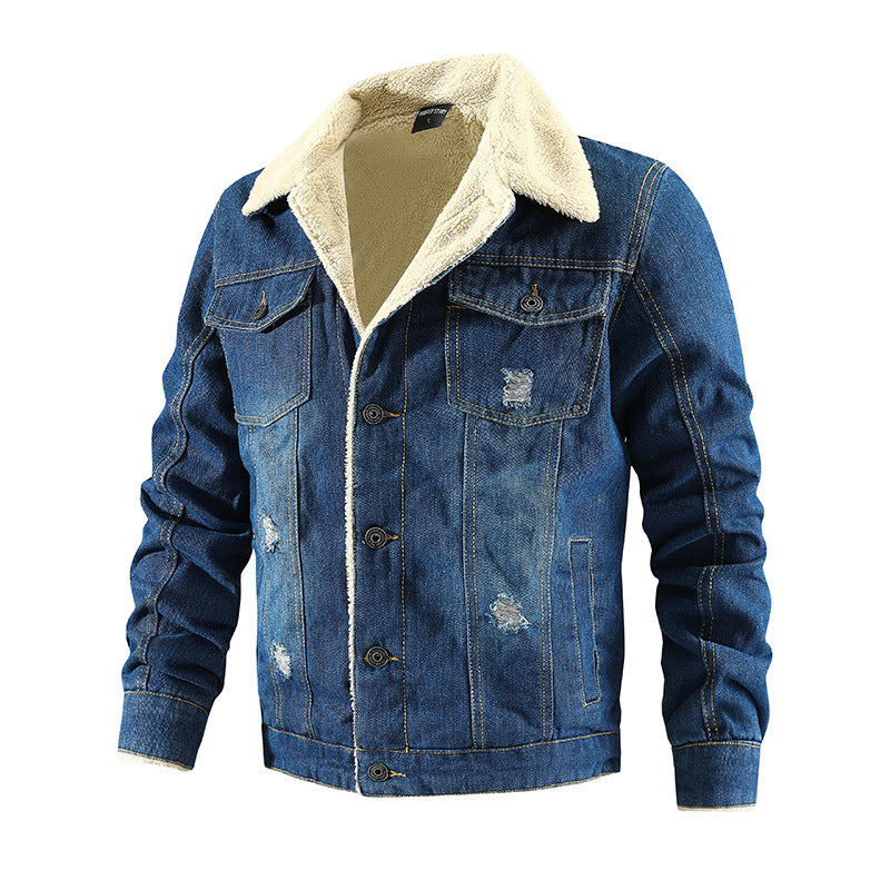 2026 Cross-Border Autumn And Winter Men's Long-Sleeve Fleece-Lined Thickened Denim Jacket With Turn-Down Collar, Large Size, Casual Versatile Fashion Urban Style NorixaFashion.com
