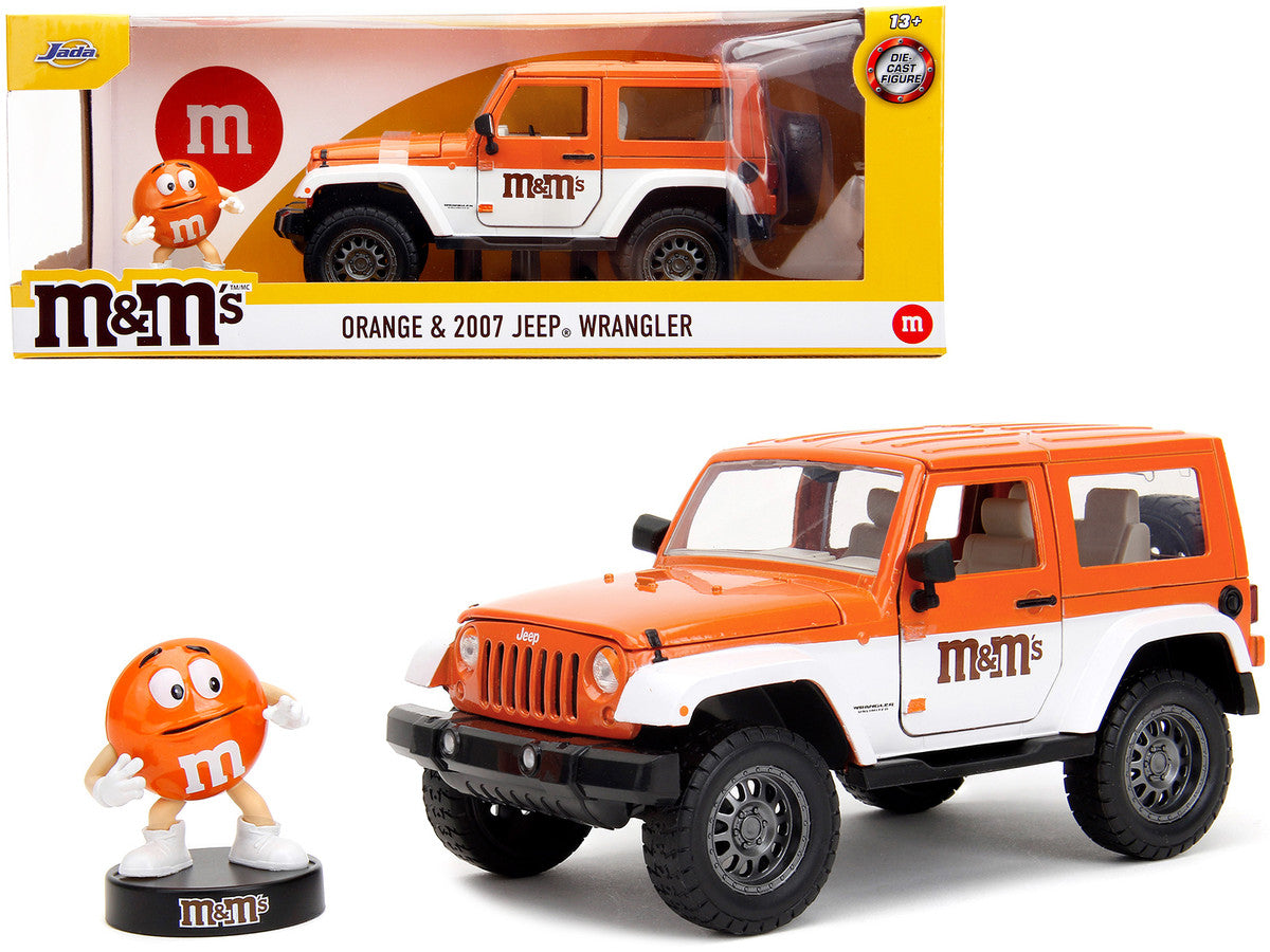 2007 Jeep Wrangler Orange Metallic and White and Orange M&M Diecast Figure "M&M's" "Hollywood Rides" Series 1/24 Diecast Model Car by Jada LuxuryLifeWay Online Store