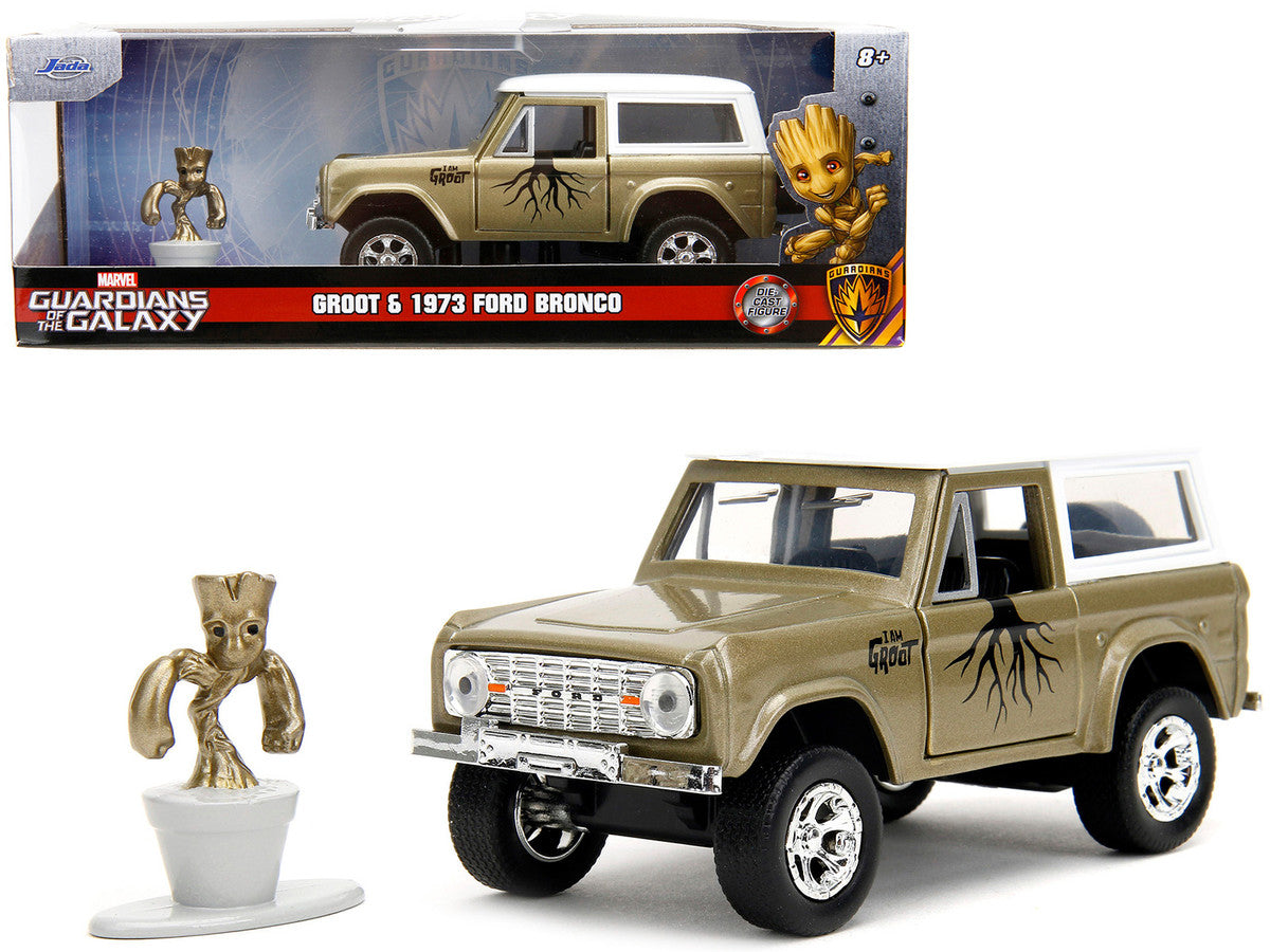 1973 Ford Bronco Gold Metallic with White Top and Groot Diecast Figure "Guardians of the Galaxy" "Marvel" Series 1/32 Diecast Model Car by Jada LuxuryLifeWay Online Store