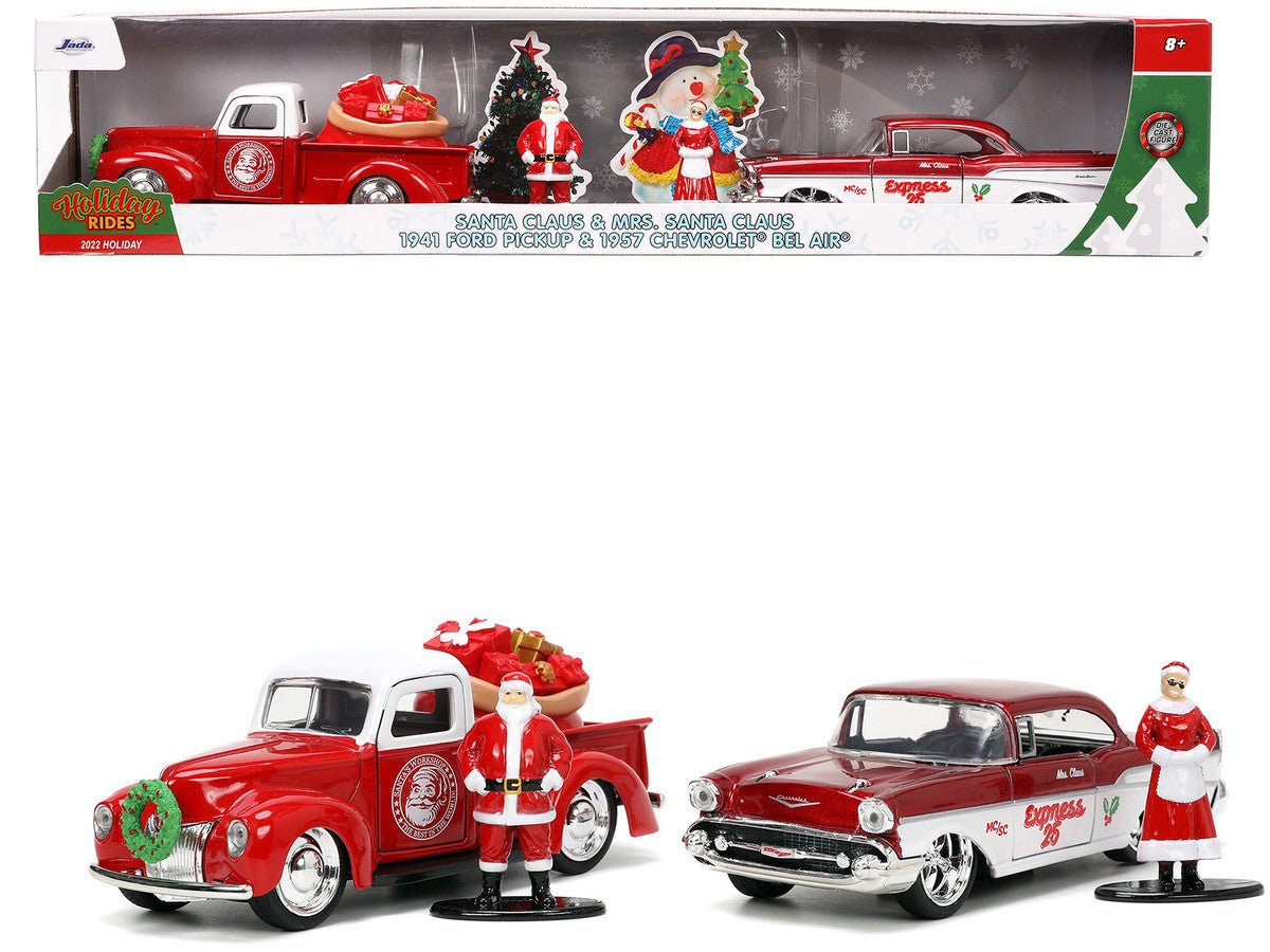 1941 Ford Pickup Truck Red and White "Santa's Workshop" and 1957 Chevrolet Bel Air Red Metallic and White "Express 25" with Mr. and Mrs. Santa Claus Diecast Figures "Holiday Rides" Series 1/32 Diecast Model Cars by Jada LuxuryLifeWay Online Store