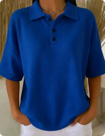 Women's Casual Loose Comfortable Lapel-Neck T-Shirt With Buttons NorixaFashion.com