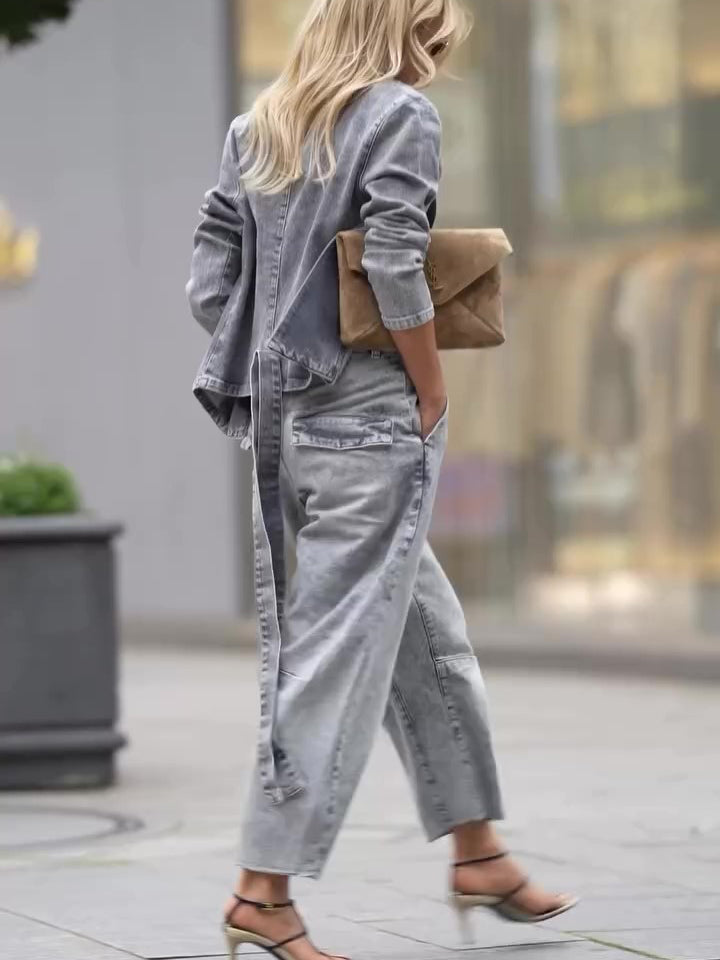 Denim Tie Long Sleeve Top & High Waist Pants Set NorixaFashion.com