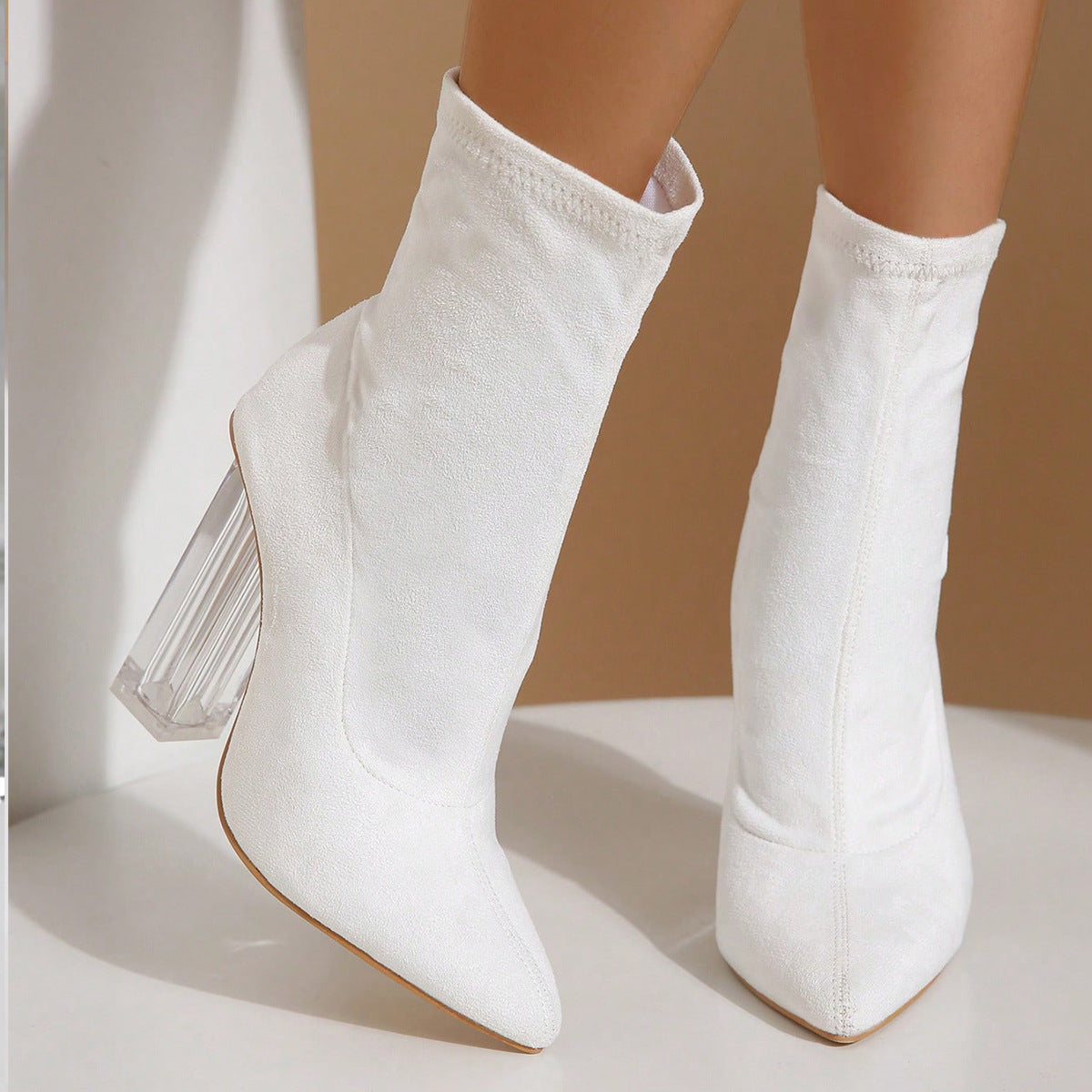 New Crystal Heel Boots Fashion High-heeled Party Shoes For Women Elastic Mid-calf Slim-foot Boots Autumn And Winter