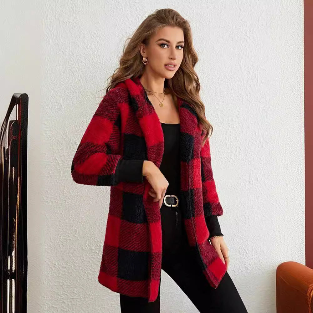 Coat Loose Plaid Color Stitching Knitted Cardigan Sweater NorixaFashion.com