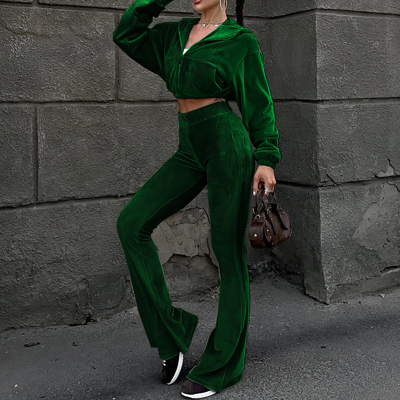 Women's Autumn New Casual Velvet High-Waist Top And Flared Pants Two-Piece Set LadyShow.Store
