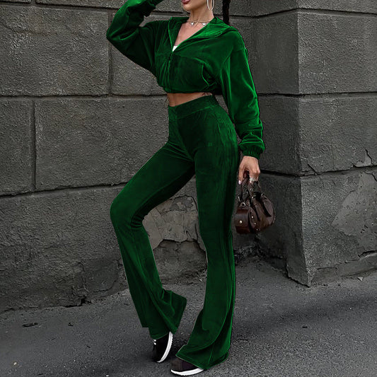 Women's Autumn New Casual Velvet High-Waist Top And Flared Pants Two-Piece Set LadyShow.Store