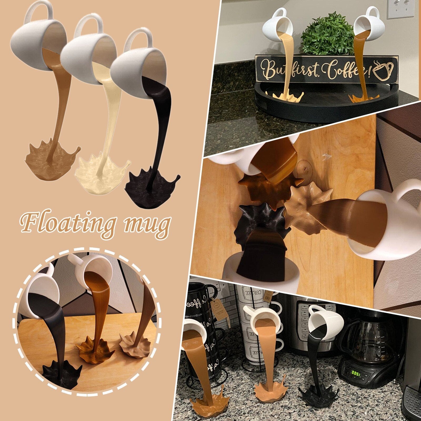 Floating Coffee Cup Mug Sculpture Kitchen Decor Pouring Spilling Decoration PearlNestDecor.com