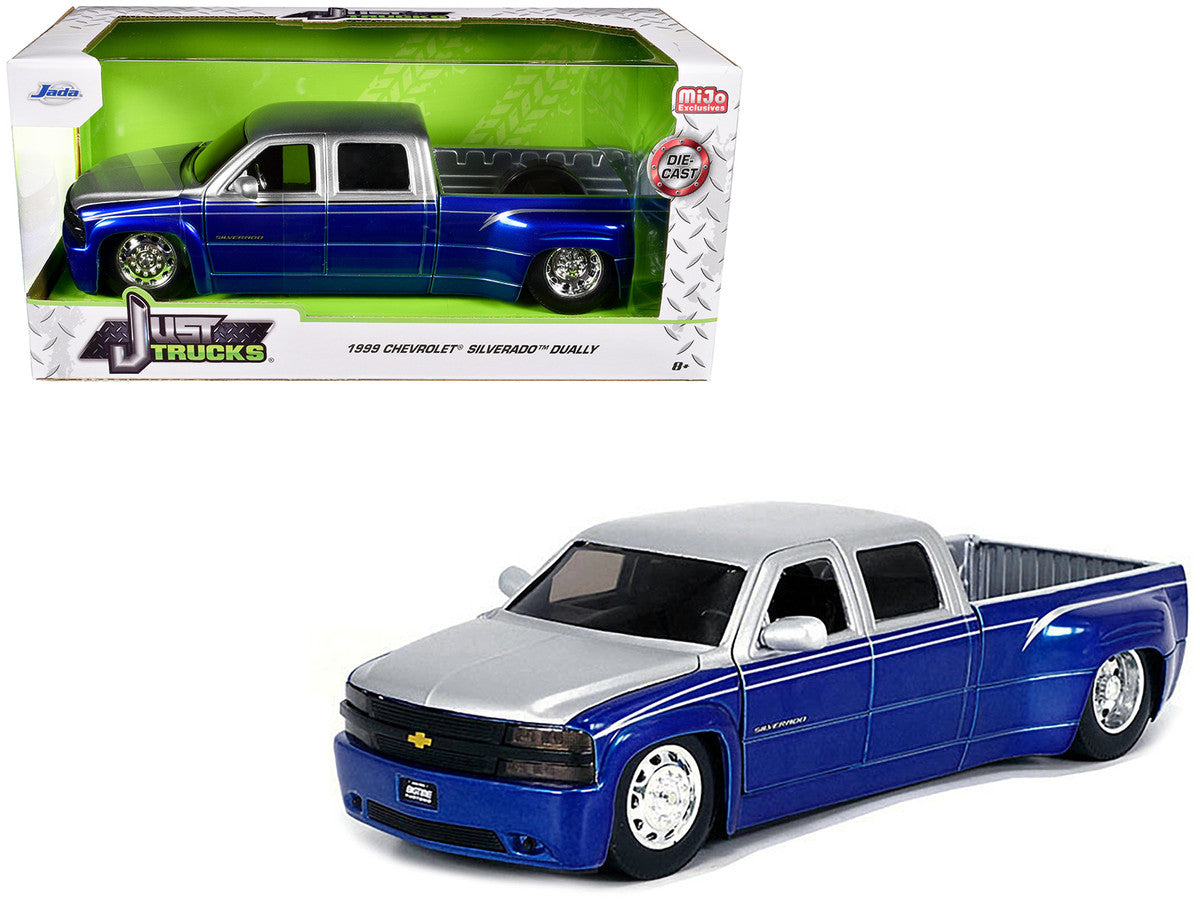 1999 Chevrolet Silverado Dually Pickup Truck Blue Metallic and Silver with Stock Wheels "Just Trucks" Series 1/24 Diecast Model Car by Jada LuxuryLifeWay Online Store