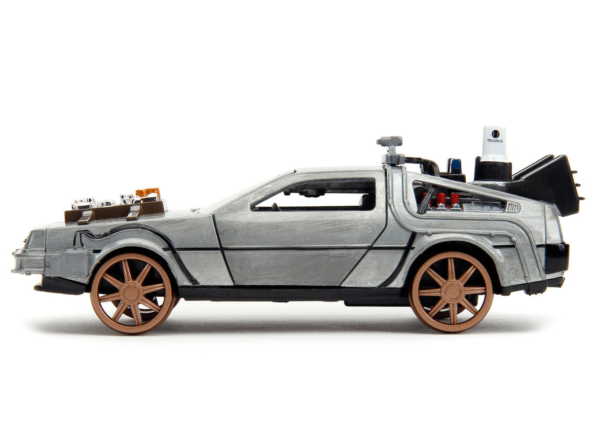 DeLorean DMC (Time Machine) Brushed Metal Train Wheel Version "Back to the Future Part III" (1990) Movie "Hollywood Rides" Series 1/32 Diecast Model Car by Jada LuxuryLifeWay Online Store