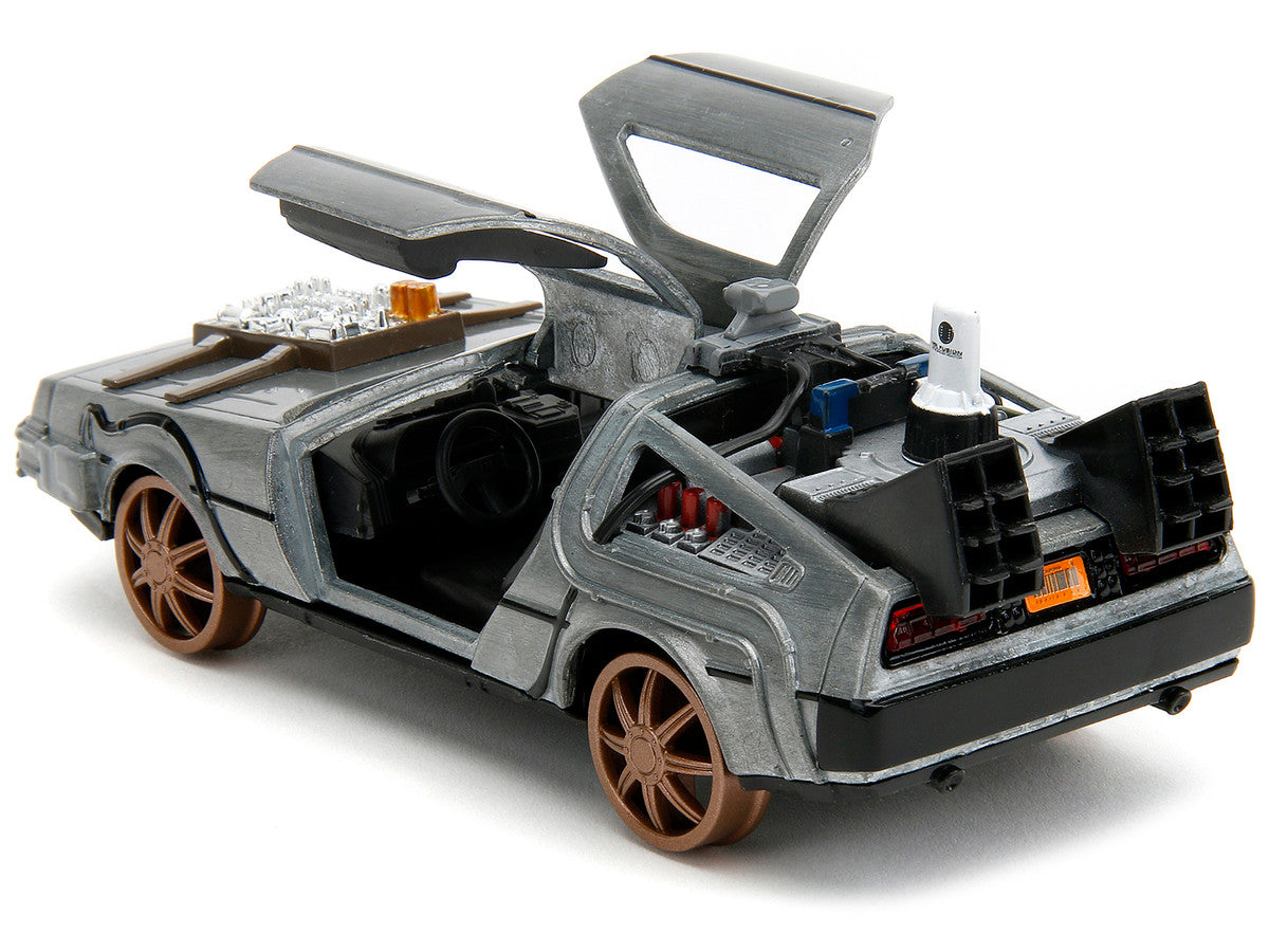 DeLorean DMC (Time Machine) Brushed Metal Train Wheel Version "Back to the Future Part III" (1990) Movie "Hollywood Rides" Series 1/32 Diecast Model Car by Jada LuxuryLifeWay Online Store