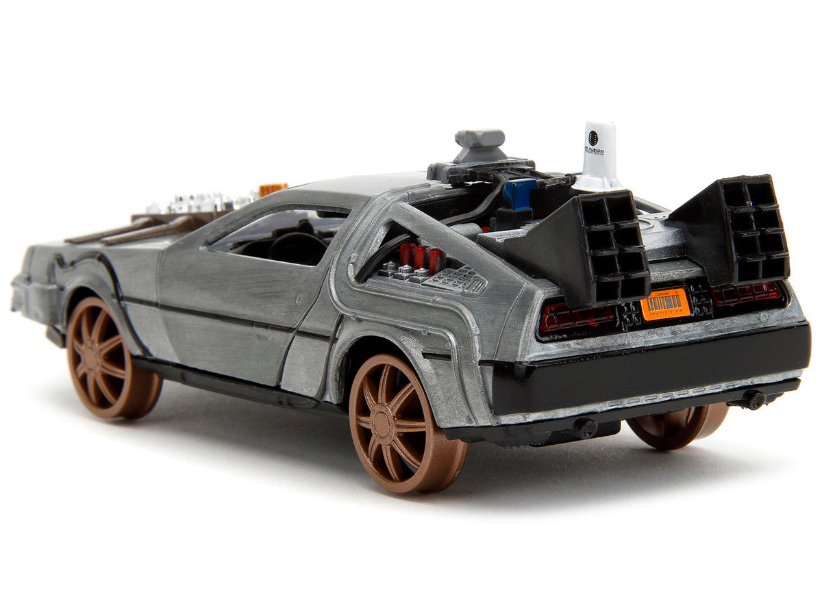 DeLorean DMC (Time Machine) Brushed Metal Train Wheel Version "Back to the Future Part III" (1990) Movie "Hollywood Rides" Series 1/32 Diecast Model Car by Jada LuxuryLifeWay Online Store