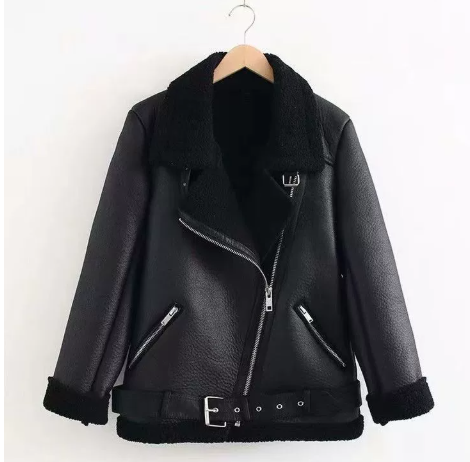 Women's Long Faux Leather Jacket with Lambswool Lining Pi-Mart